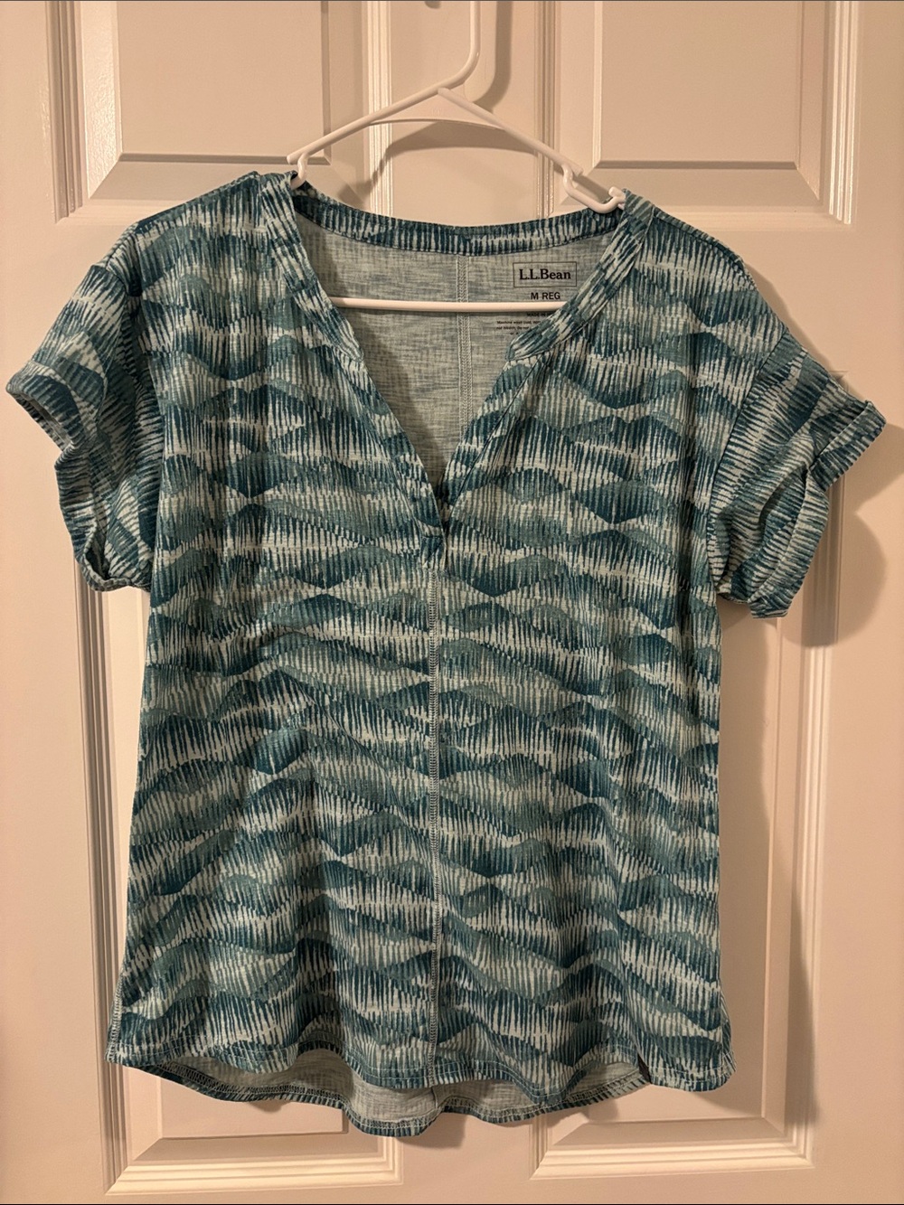 L.L. Bean Teal and Aqua Patterned V-Neck Short Sleeve Top